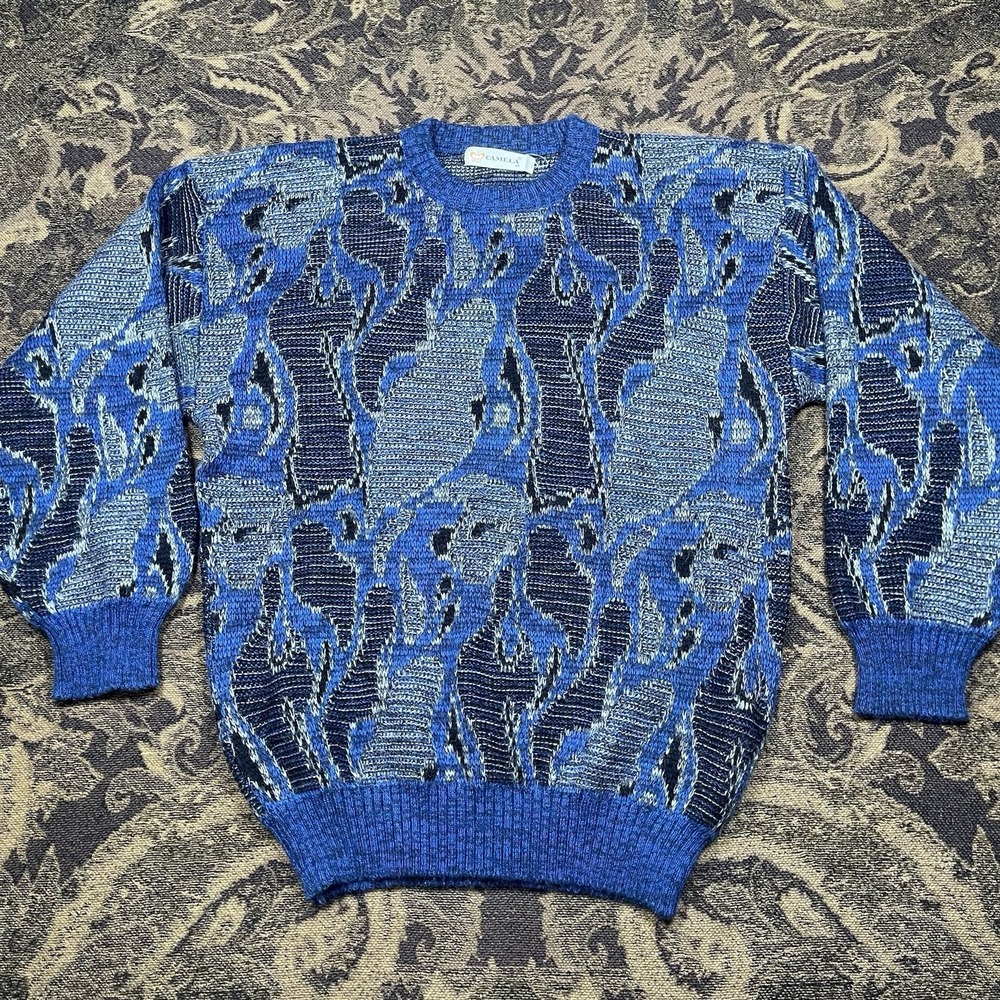 VTG Camela Mens Anstract Pullover Sweater Acrylic Size 38 Mens Size Small Blue